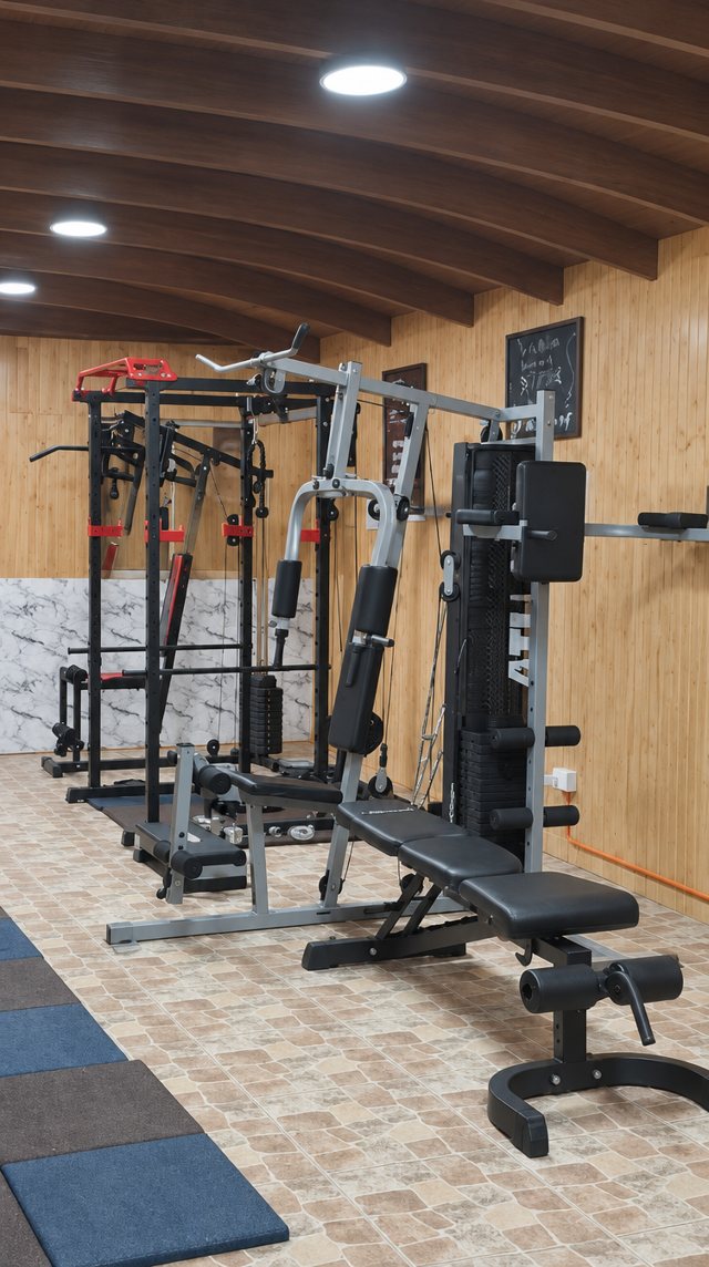 Sala de fuerza con cajón, máquinas y rack