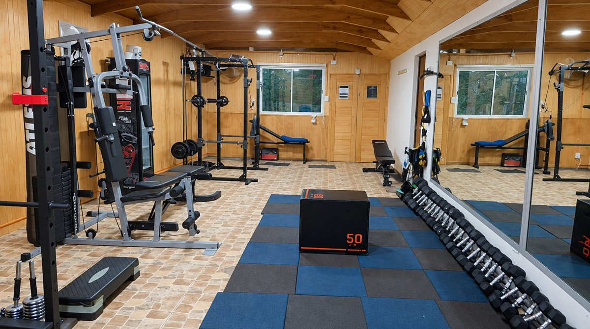 Sala de fuerza con rack, máquinas, mancuernas y cajón